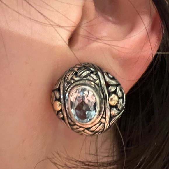 Detailed Vintage Sterling Silver and 18k with Blue Stone Earrings - Picture 8 of 12